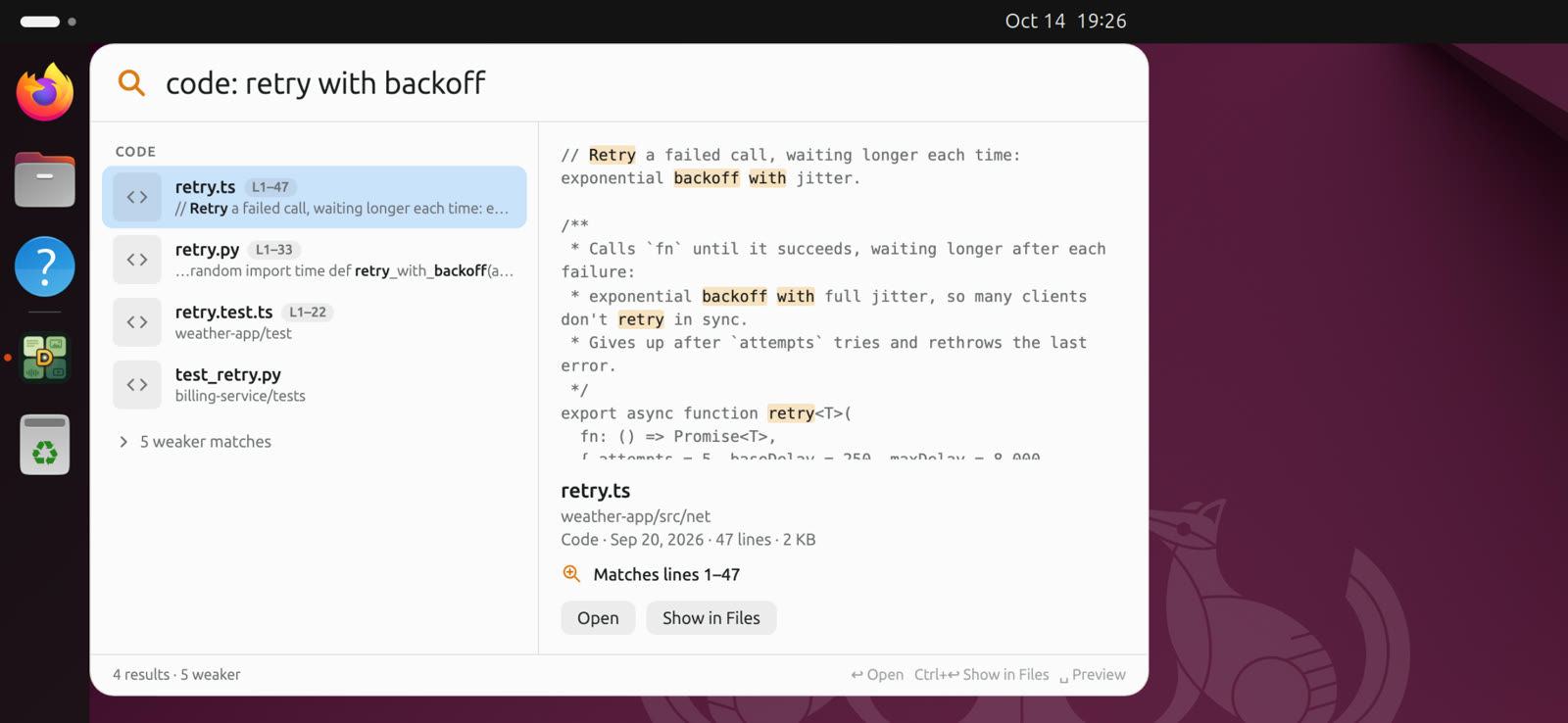 DigUp's search panel on Ubuntu with the search 'code: retry with backoff': retry.ts selected, its code in the preview with the words retry, backoff and with marked