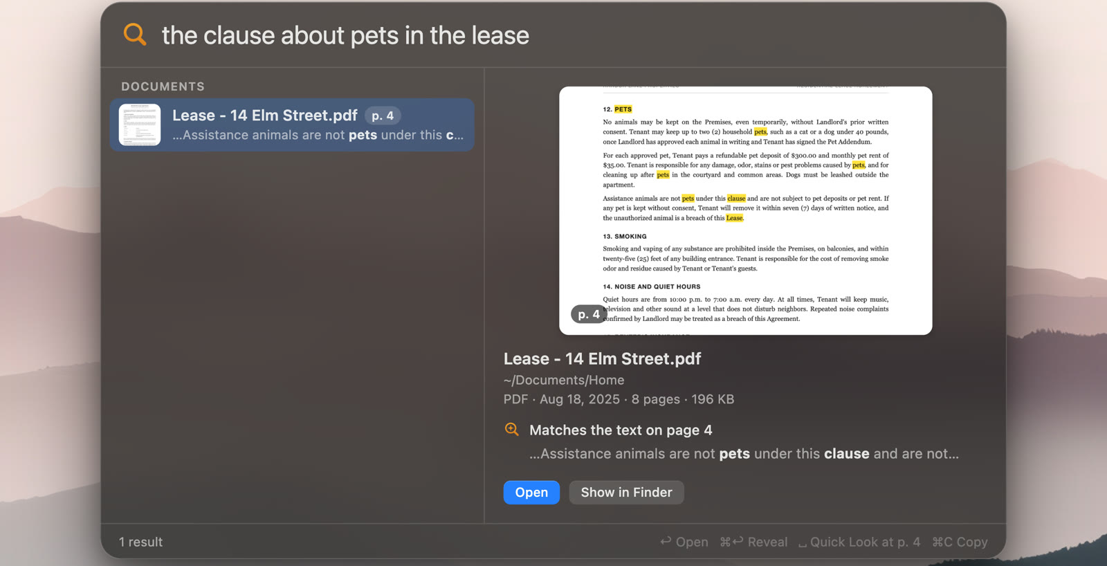 DigUp's panel on a Mac with the search 'the clause about pets in the lease': page 4 of the lease in the preview, the words pets and clause marked