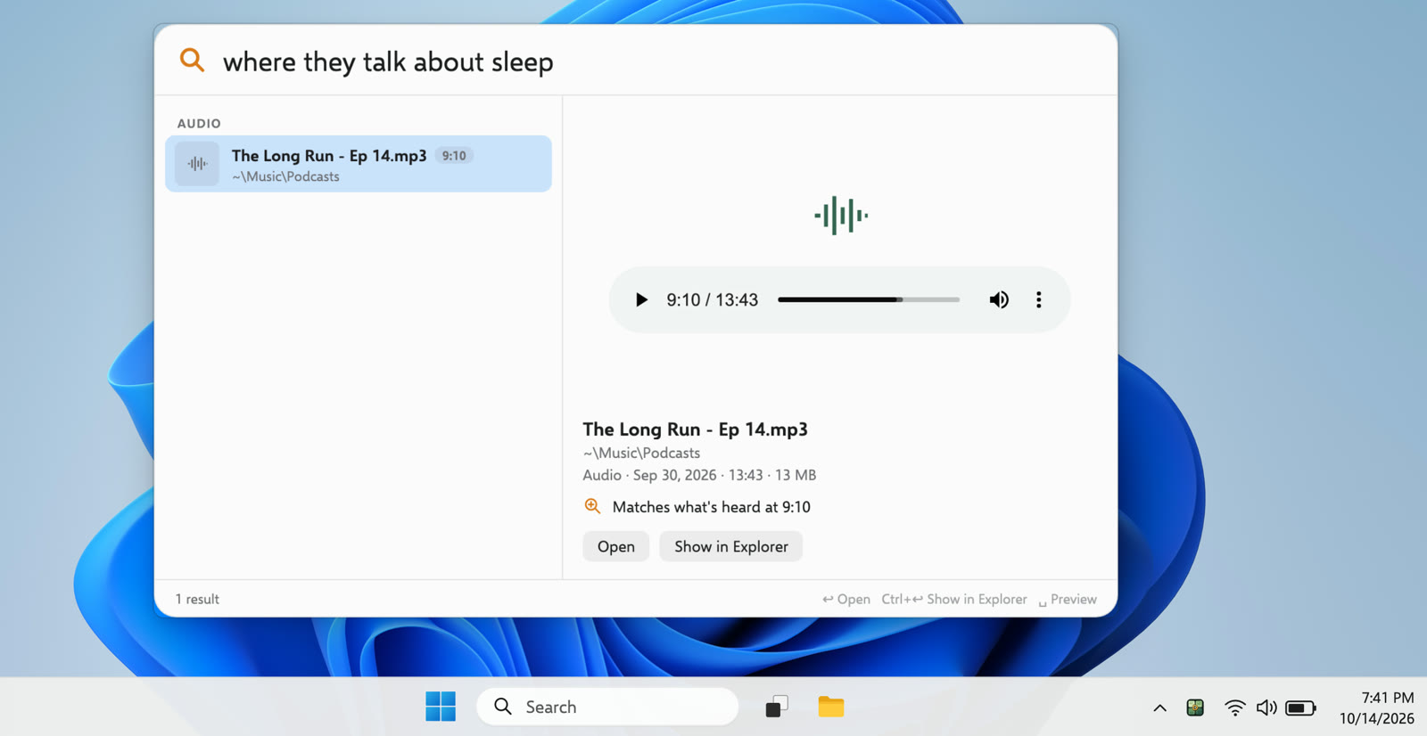DigUp's search panel on Windows 11 with the search 'where they talk about sleep': a podcast selected, with the line 'Matches what's heard at 9:10'